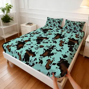 3Pcs American Western Vintage Cow Print Fitted Sheet Set, Distressed Texture Design, Create An Immersive Rustic Ranch Bedroom
