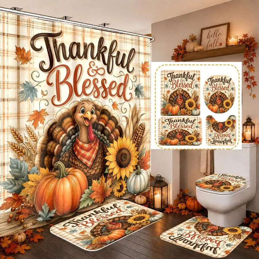 4pcs Thanksgiving Autumn Harvest Pumpkin & Turkey Pattern Multi-Function Bathroom Decor Shower Curtain Set, Free 12 Hooks, Premium Holiday Atmosphere, Bathroom Mat, U-Shaped Rug And Round Toilet Lid Cover, Suitable For All Scenes, Bathroom Set