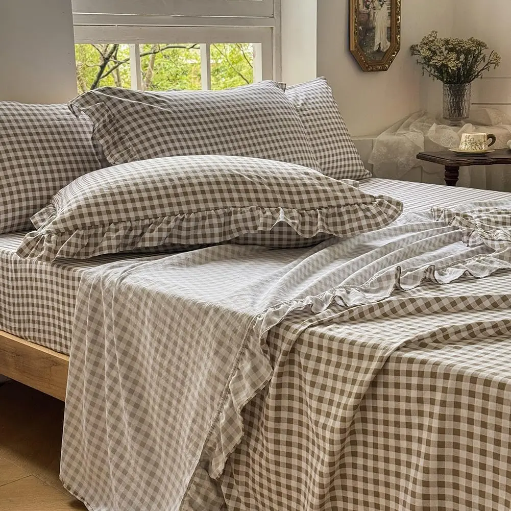 Tan Gingham Ruffle King Sheet Set, Taupe Soft Pre-Washed Microfiber Plaid King Bed Sheets, 4-Pieces Farmhouse Sheet Set with Deep Pocket