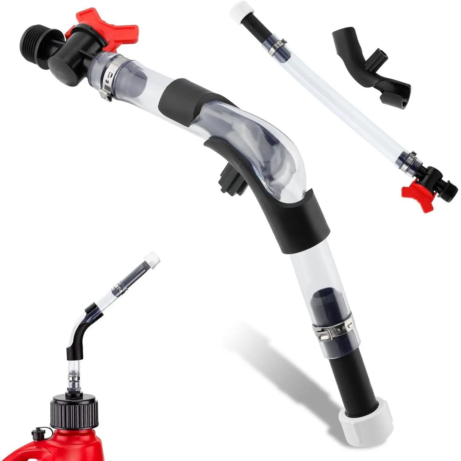Black Plastic Fuel Transfer Hose Kit with Ball Valve, Threaded Cap & Jug Bender, Gas Can Fit for Egs/LC2 Jugs (3/5/5.5 Gal), Flexible Bend