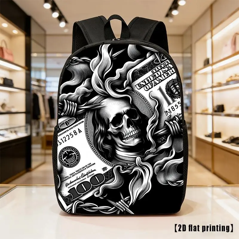 Unisex Dollar Skull Print Waterproof Casual Backpack - Lightweight, Large Capacity, Adjustable Straps, Side Pouches, Zipper Closure, Laptop Compatible, Backpacks for Women, for Outdoor Travel, Back to School