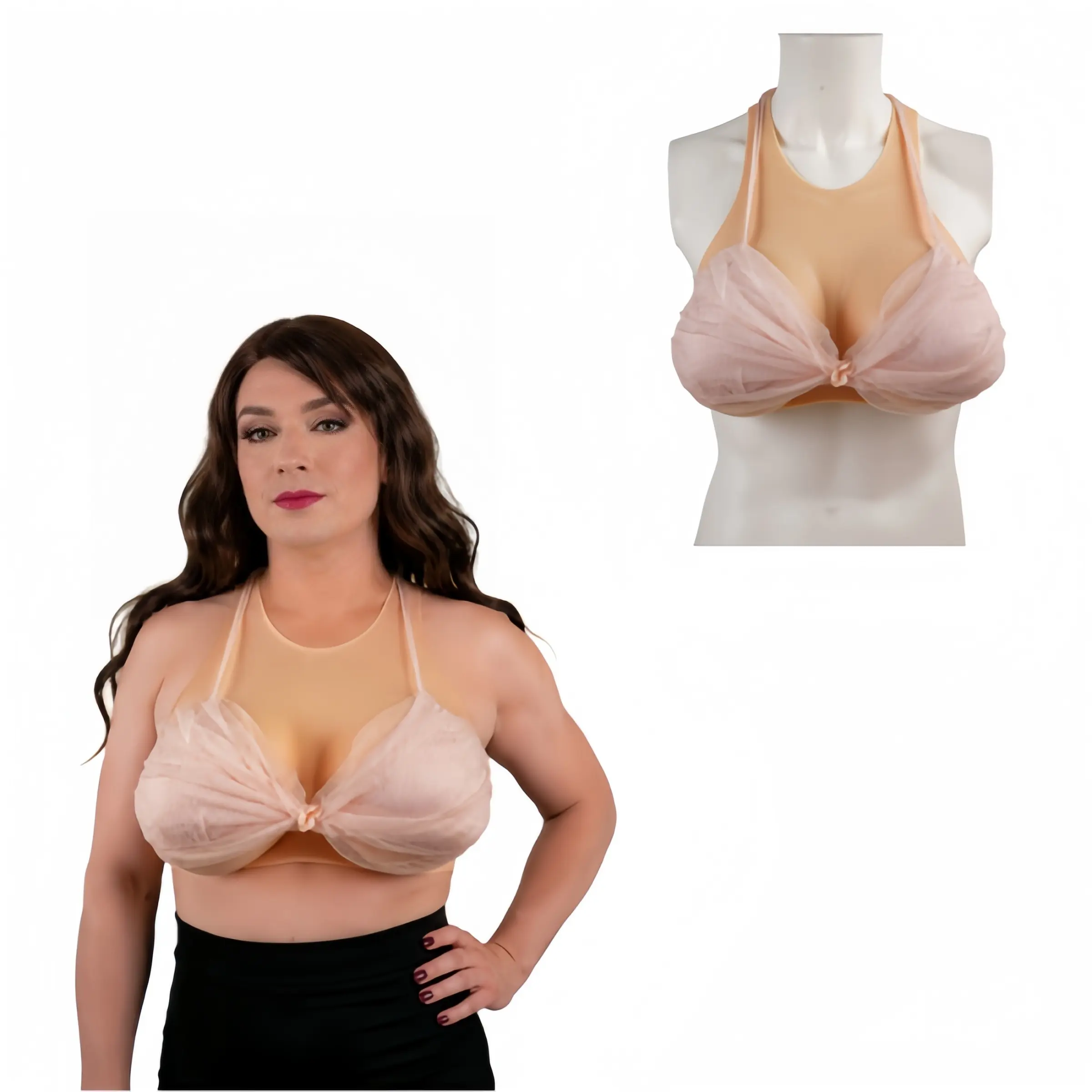 Women's Silicone Breastplate Accessory - Adjustable Halter Neck Strap, B-G Cup Curved Smooth Comfortable Fit Silicone Breast Form for Crossdresser Cosplay, Drag Performance