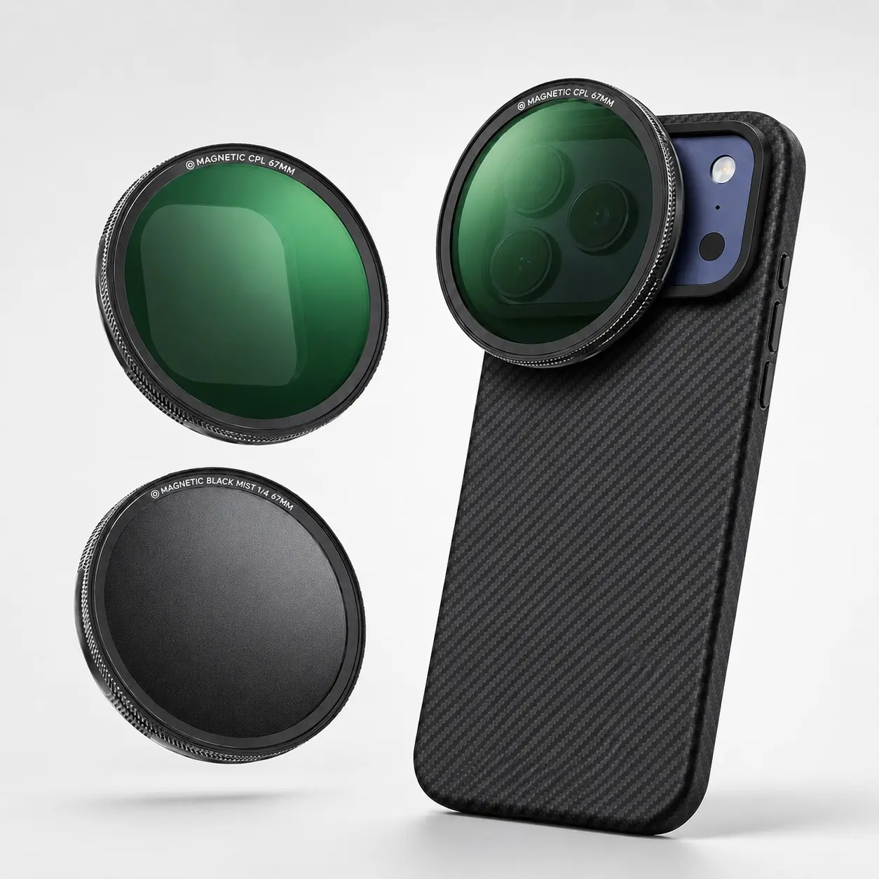 Magnetic Mobile Camera Lens Filter Kit, 67mm CPL & Black Mist 1/4 Snap-On Filters for iPhone 17 Pro/Pro Max, HD Optical Glass, Anti-Glare, Reduce Reflections, Smartphone Camera Accessories for Photography & Video