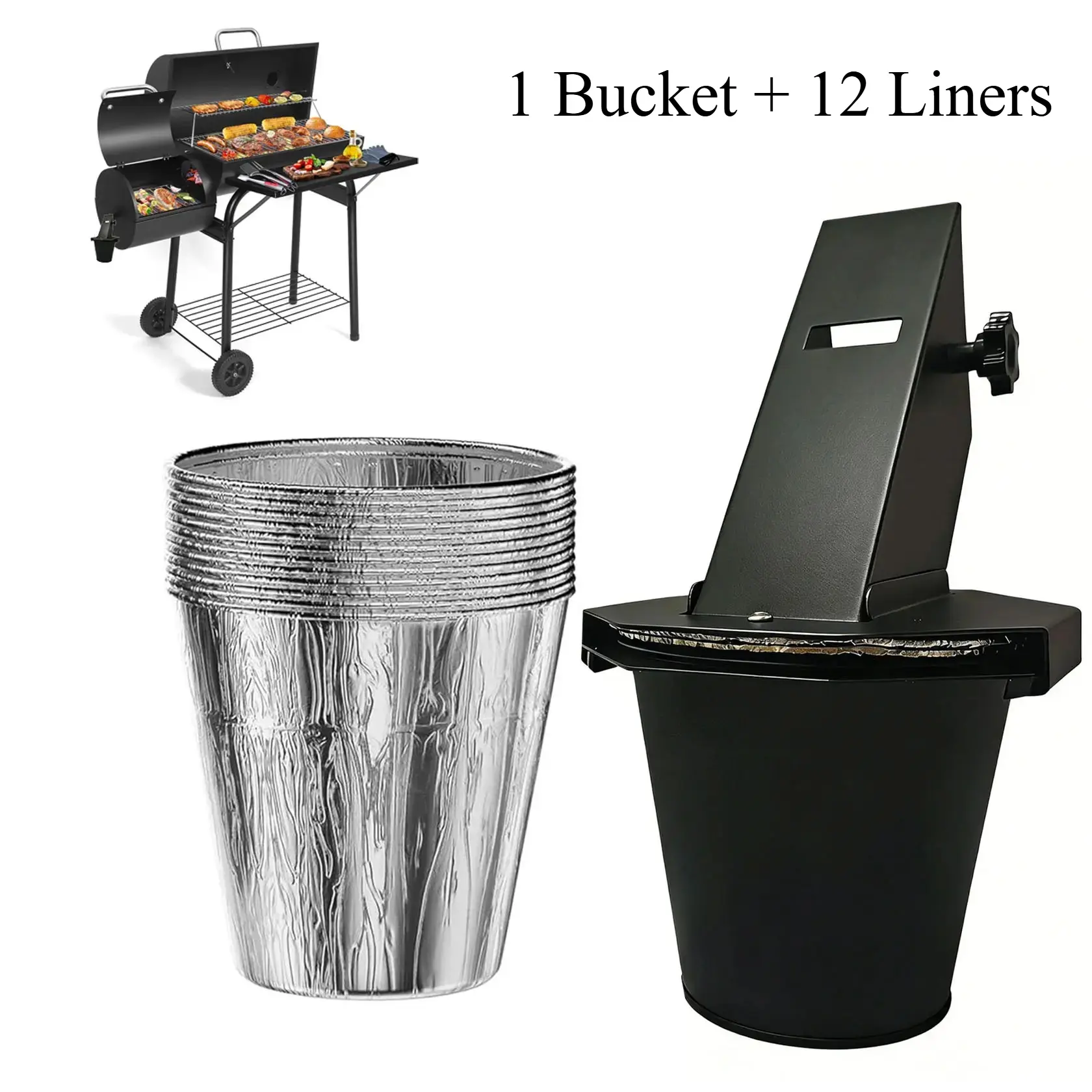 Upgraded Grease Bucket with Lid and 12 Liners, Drip Bucket for Outdoor Barbecue Smokers and Grills, Easy-Clean Grease Catcher Bins, Barbecue Accessories, Grilling Accessories, Bbq