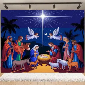 Nativity Scene Starry Night Polyester Tapestry - Lightweight Religious Christmas Backdrop Banner, Jesus Manger Decor for Church, Wedding, Room, Holiday Party Indoor Outdoor Home Supplies Gift