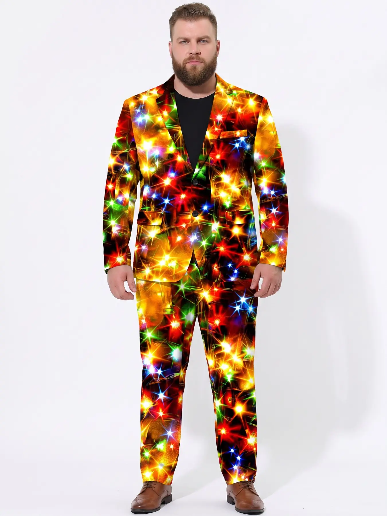 Plus Size Men's Christmas Lights Print Suit Set – Men's Christmas Party Creative Funny Two-Piece Suit