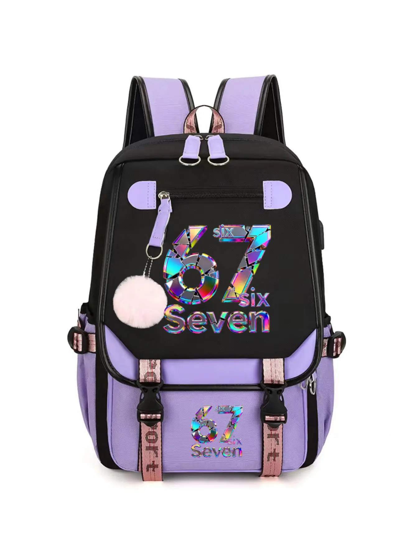 Back To School, Trendy Backpack, Holographic Print Backpack For Teen Girls, Purple Black Contrast Aesthetic Laptop Bookbag With USB Charging Port, Large Capacity Waterproof Student Rucksack For Middle High School Daily Travel, Casual College Backpack