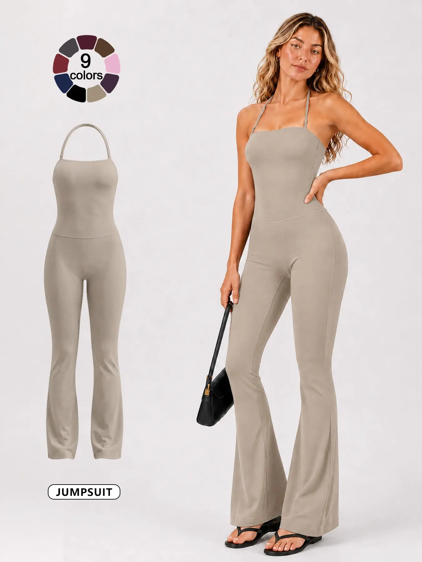 Women's Solid Color Sleeveless One-Piece Jumpsuit, Sleeveless Yoga Jumpsuits, Loungewear with Adjustable Straps Backless Design Comfortable Four-Way Stretch Flare Leg Yoga Jumpsuit for Daily Wear Travel & Vacation All-Season Casual Versatile Pajamas