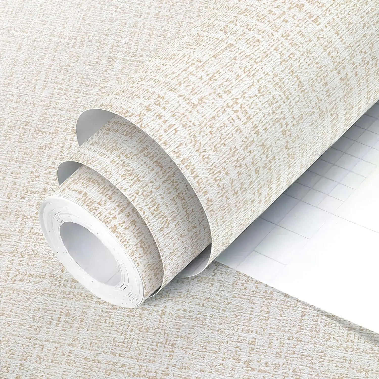 Beige Textured Grasscloth Peel-and-Stick Vinyl Wallpaper, 17.7x118.1" Single Sheet Indoor Self-Adhesive Removable Faux Linen Contact Paper for Walls