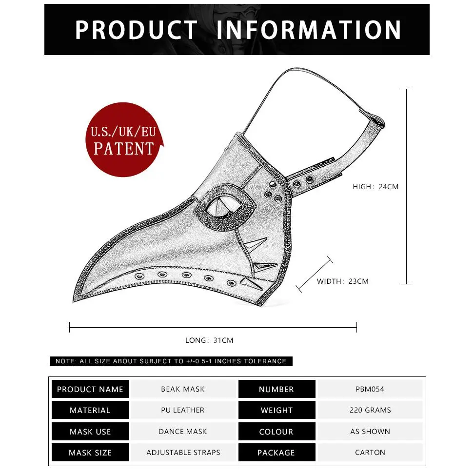 Unisex PU Leather Halloween Plague Bird Doctor Look Mask Set - Adjustable Headband, Glasses, Light Weight Polyester Cosplay Prop, Fashion Unisex Accessory, Party Supply (As Shown)
