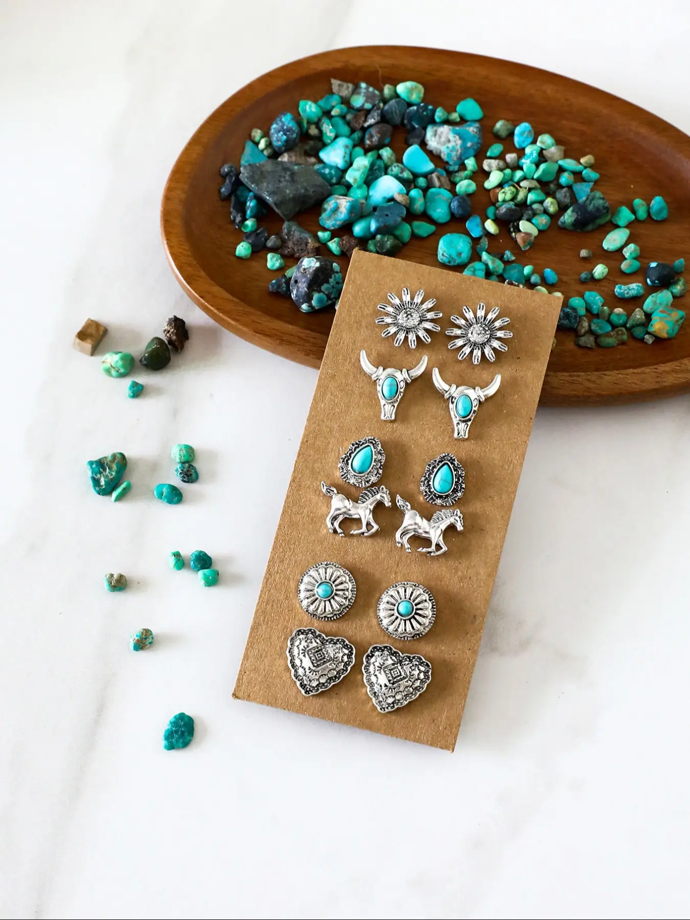 Bohemian Style Turquoise Stud Earrings Set, Ethnic Design Bull Head Horse Racing Shape, 6 Pairs Women Jewelry, Denim Style Accessories