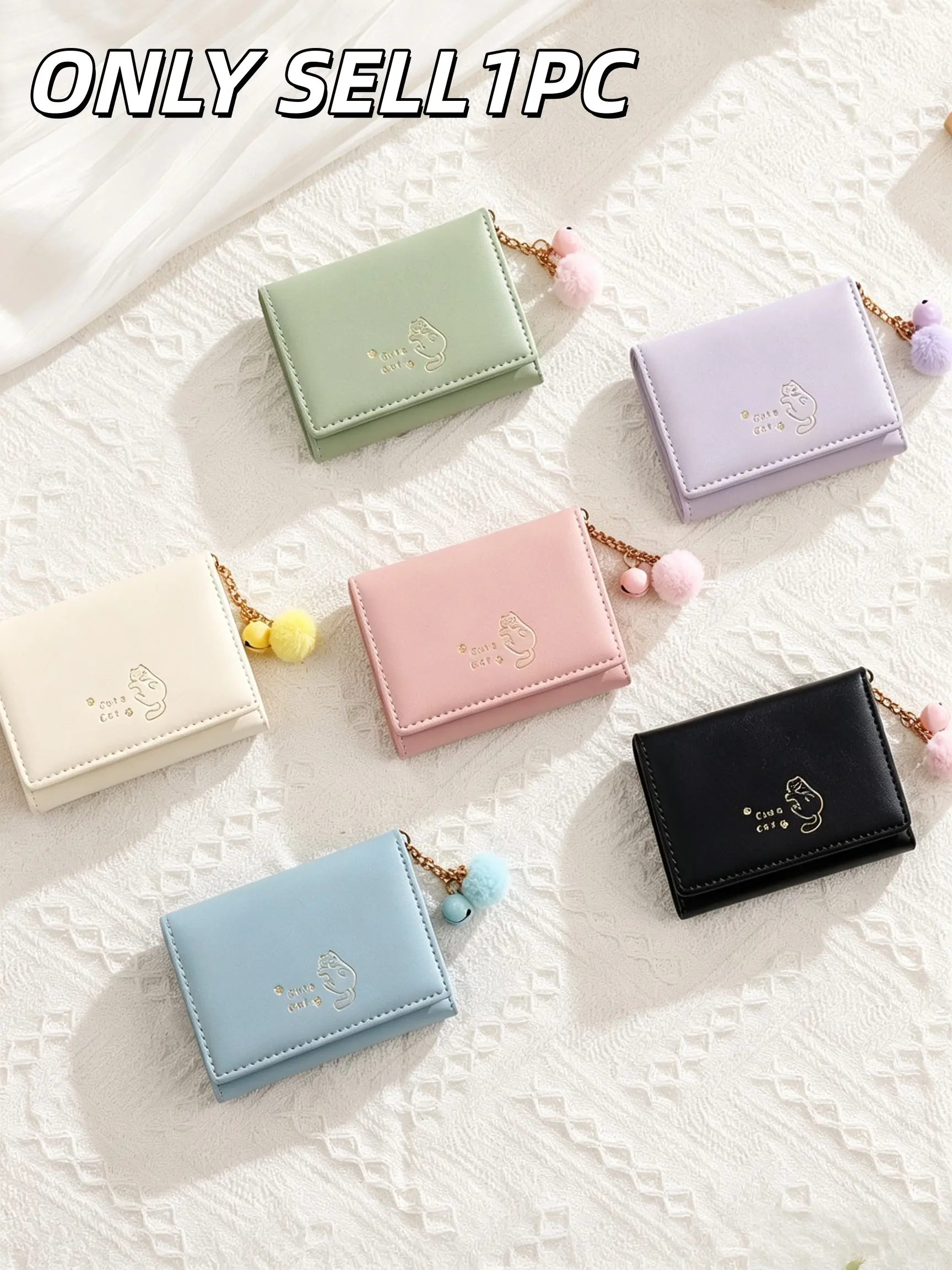 1PC Cute 3-Fold Mini Wallet with Cat Pattern, Decorated with Bell and Fluffy Pom-pom Pendant, Soft PU Leather Multi-Card Slot Coin Purse Suitable for Students