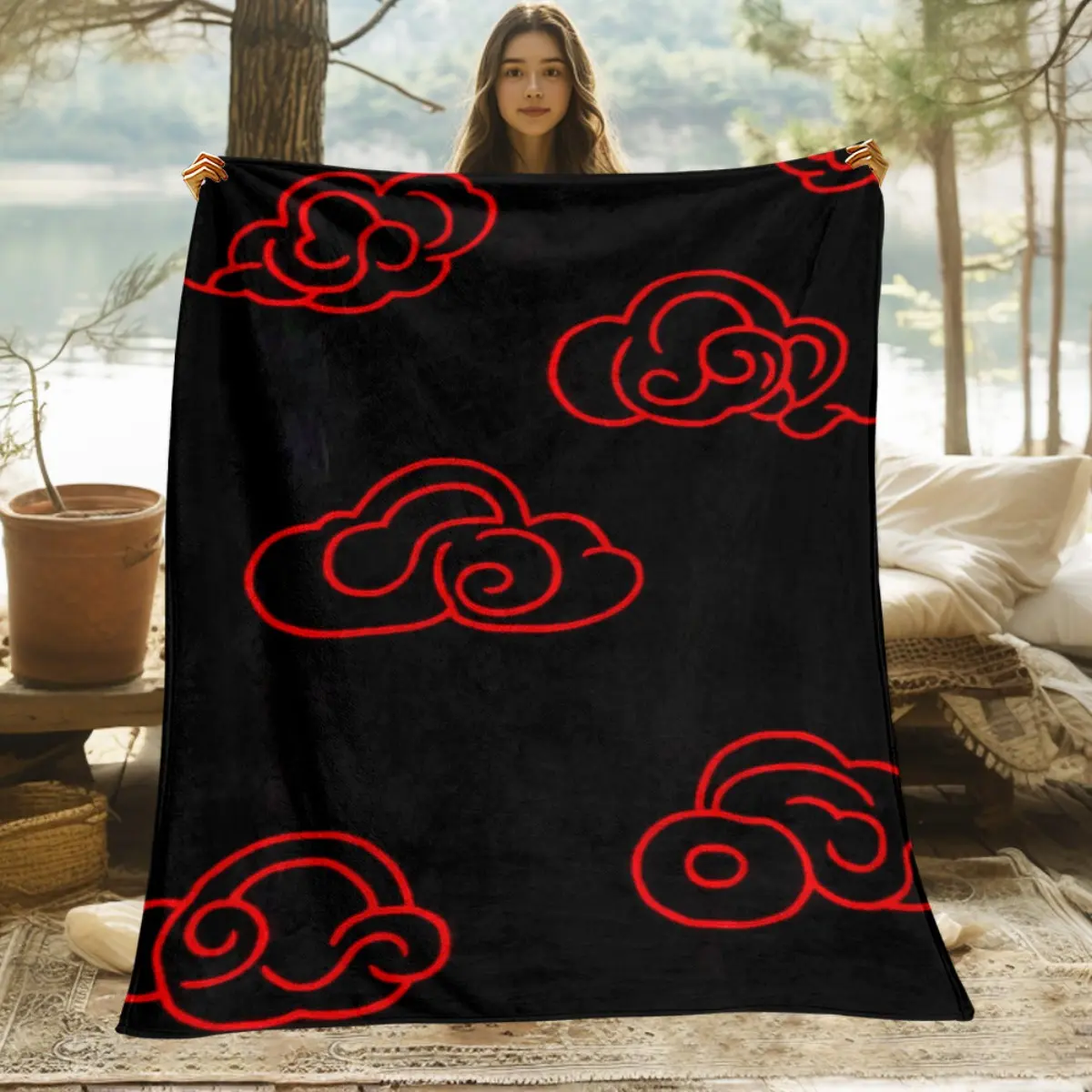 1pc Red C-Cloud Pattern Blanket | Lightweight Polyester Flannel, Digital Printed, Jacquard Craftsmanship, Suitable for All Seasons, Ideal for Sofas, Beds, Travel, Camping, Living Rooms, Offices, Living Room Decor