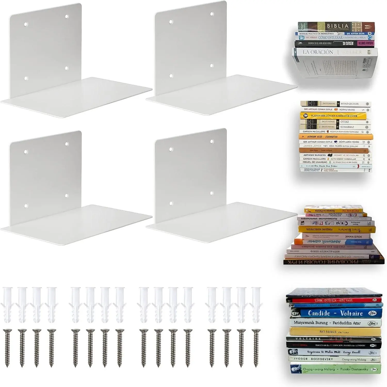 Invisible Floating Wall Bookcase - Set of 4 | Heavy Duty Steel Book Wall Shelf | Invisible Shelf Holder for Books and Decoration | Modern Space Saving Wall Bookcase