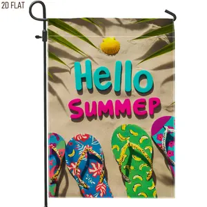 Flip Flops House Flag, Summer Tropical Shell Sand Summer Blue Burlap Double Sided Outside Large Garden Flag for Outdoor Yard Lawn Patio Doorway Entrance