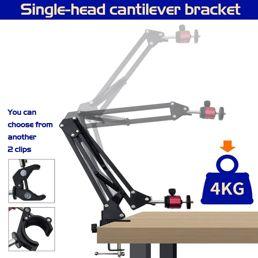 4kg Heavy Duty Microscope Arm Stand Desktop Cantilever Bracket - 360° Adjustable Helping Hands Holder with 3 Clamp Options (1/4" Ball Head / Universal Clip) - Metal Bracket for Heat Gun, Camera, GoPro & Soldering Repair Adjustable Mount Bracket