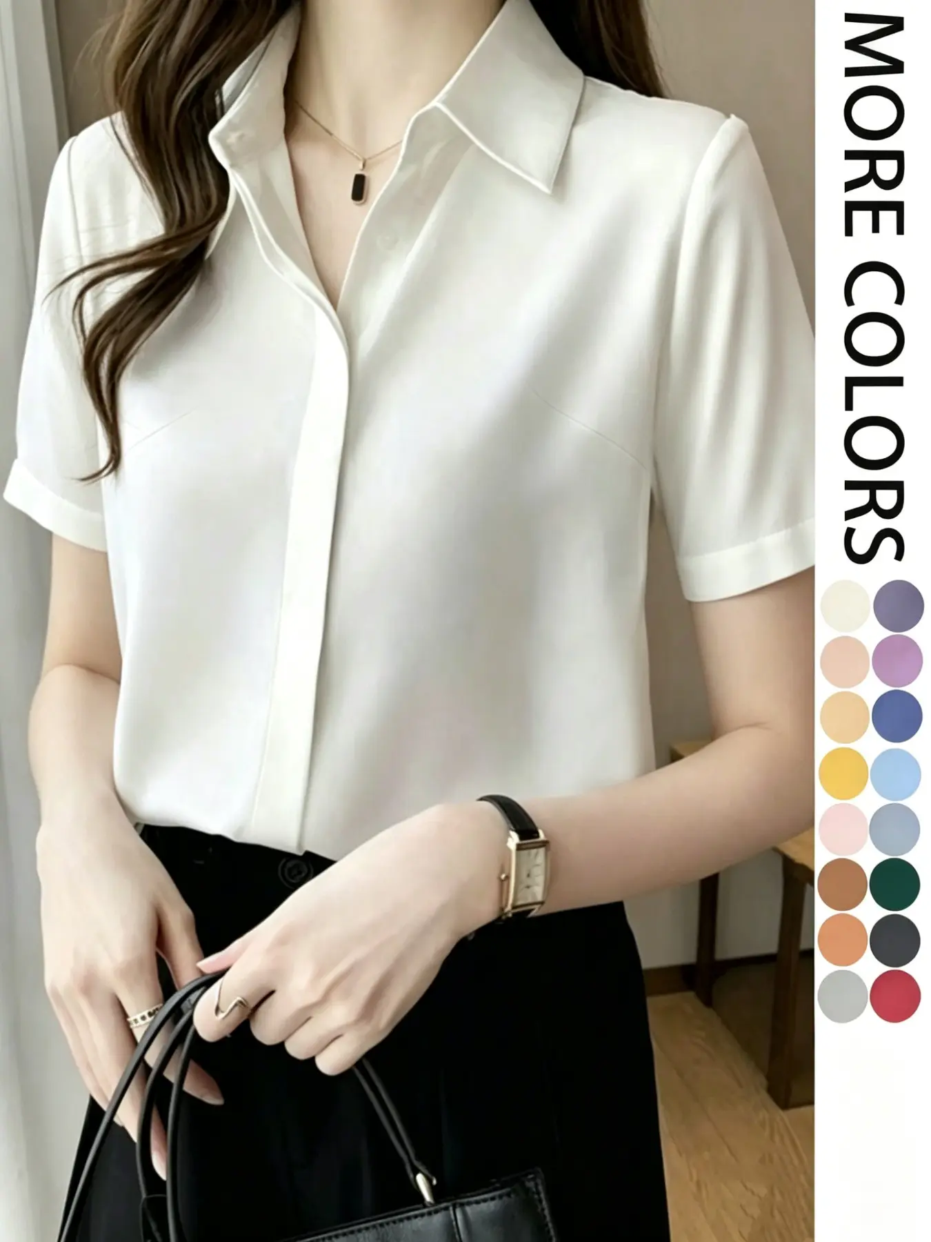 Women's chic button up shirt, Blouse, Button Up Blouses, lightweight formal workwear shirt, multi-color Morandi color series short sleeved shirt suitable for formal occasions, business style commuting versatile top