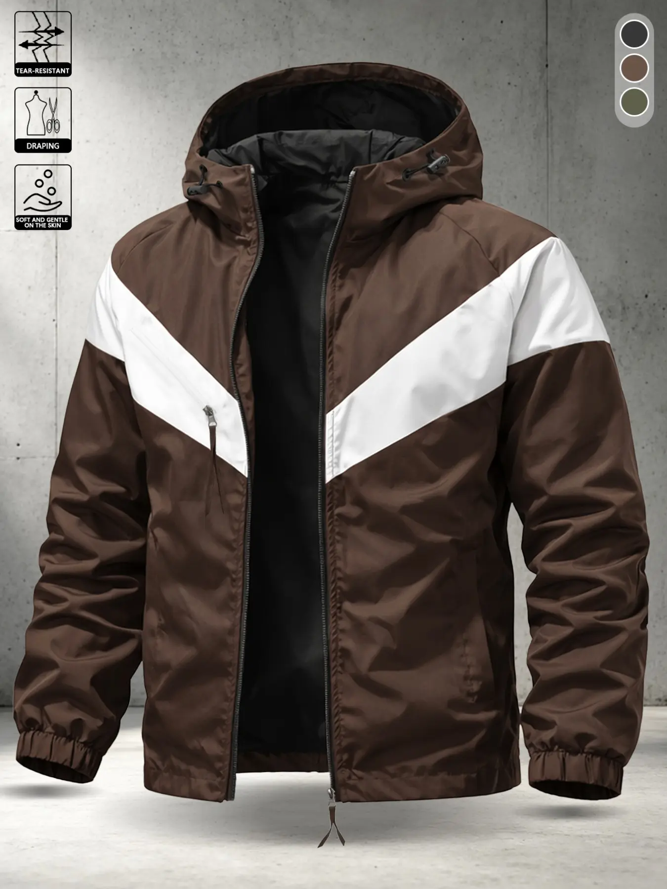 Men's American Workwear Jacket, Adjustable Drawstring Hooded Full-Length Zipper, Military Base, Patchwork, All-Season Wear