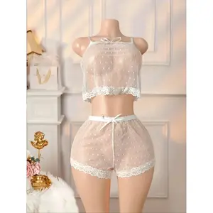 Women's Sexy Lingerie Set, Polka Dot Mesh Feminine Sleepwear, Inner Layer, Fitted Design, All Seasons Wear, Plain Pattern, Underwear, Sheer Panty, Hot Trend, Classic, Fashionable, Loungewear Style, Essential