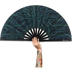 Large Folding Fan, 13 Inch Rave Fan Hand Held Fan for Men with, Thick Bamboo Frame for EDM, Festival,, Dance, Decoration, Gift (Tech Glow)