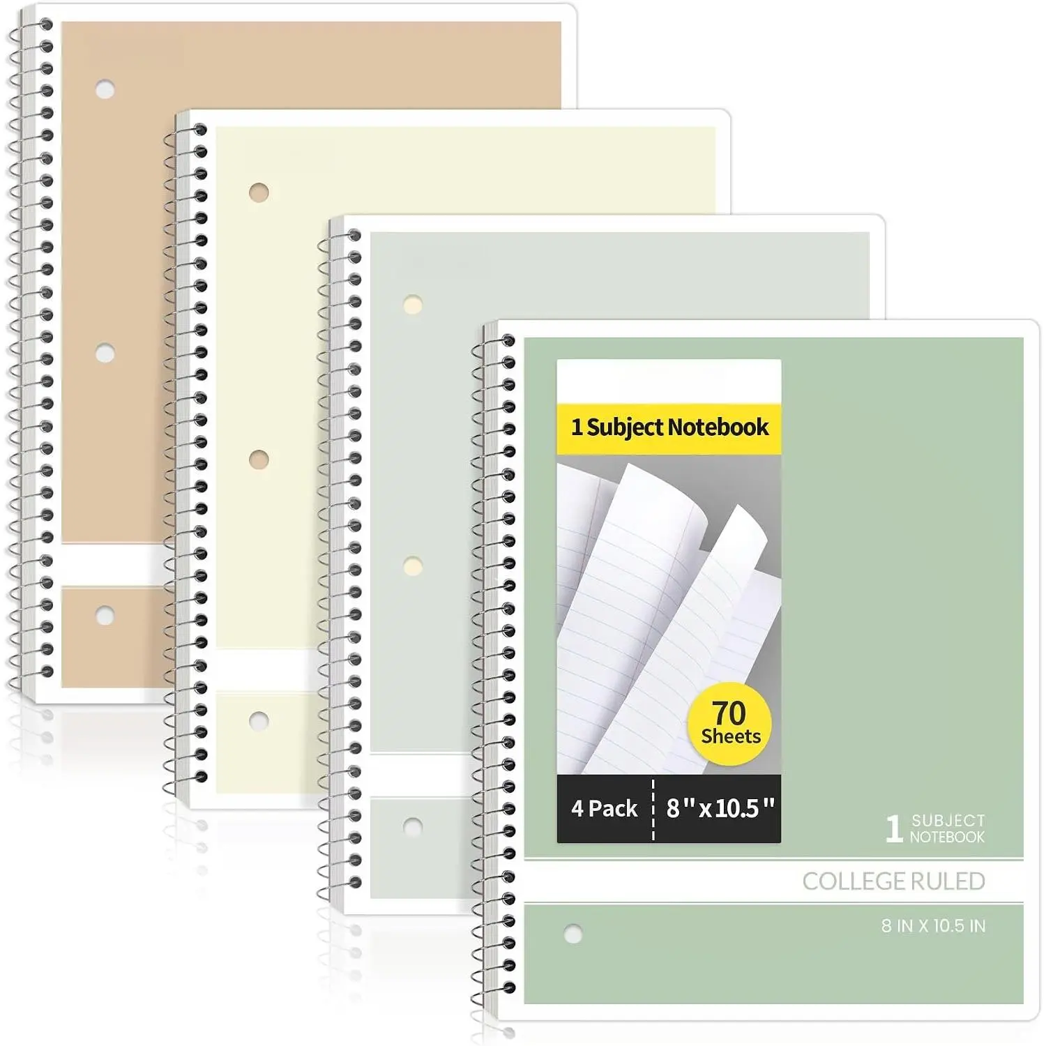 Spiral Notebooks College Ruled, 1-Subject, 4 Pack, 8 x 10-1/2 inch, 70 Sheets per Notebook, 3-Hole Punched Paper, Green, Grey, Beige, Red for Work,  & School, Writing Journal