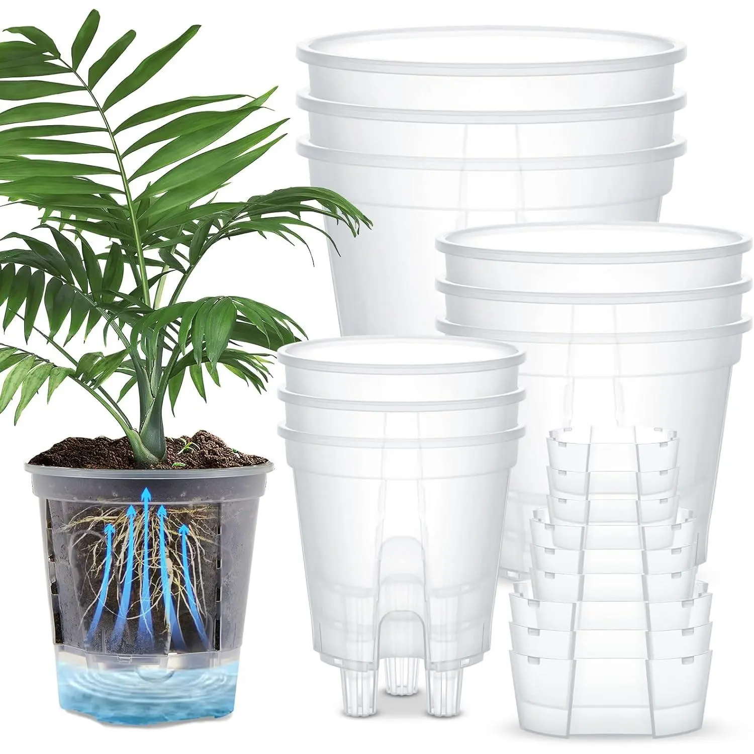 Self Watering Pots for Indoor Plants with Deep Reservoir and High Drainage Holes for Outdoor Plants and Flowers, Bare Root Planter(4.72'', 5.91'', 7.09'',Clear,9 Pcs)