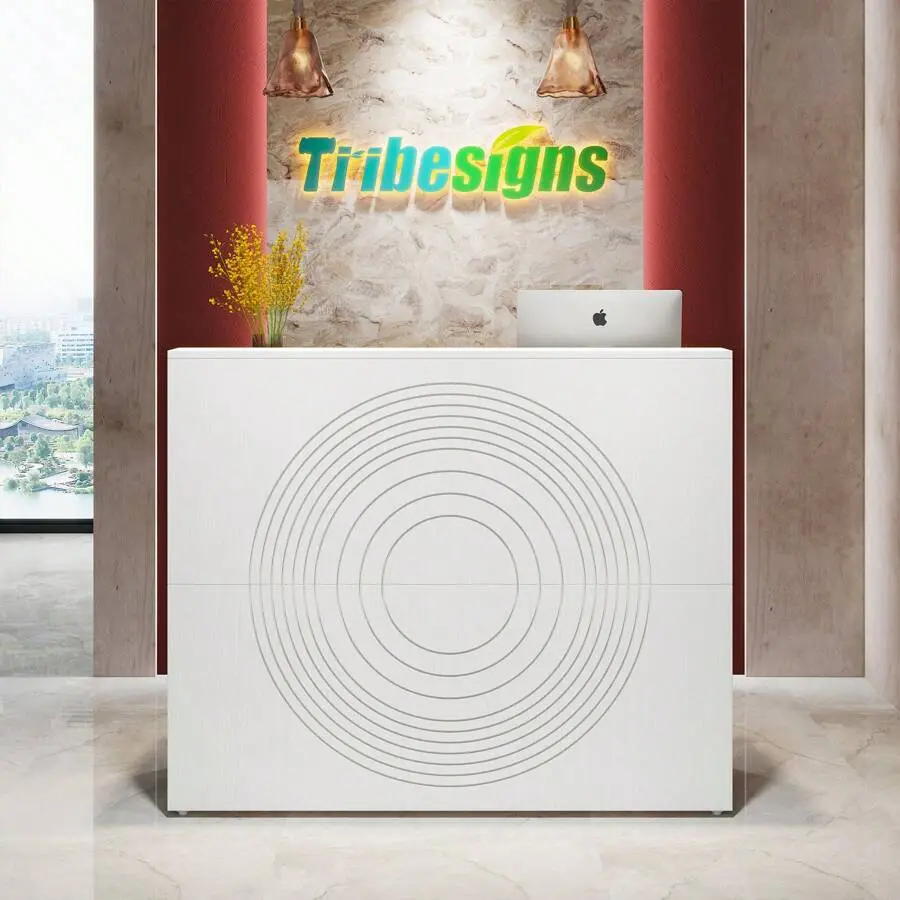 Reception Desk With Counter, Modern Front Desk Reception Room Table With Grommet, 47 Inch Retail Counter Checkout, Lobby, Beauty Salon, Home Office Desk, White