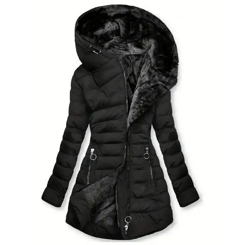 Women's Winter Warm Padded Quilted Parka Jacket - Mid-Length Hooded Coat with , Long Sleeves & Pockets, European/American Style Outerwear for Cold Weather, Y2K Fashion