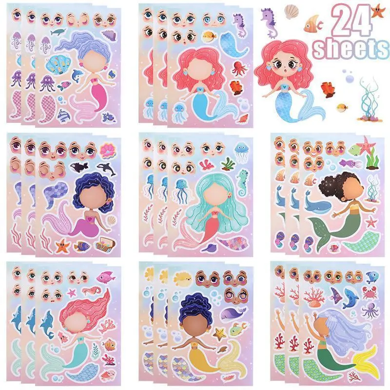 Cartoon Mermaid Puzzle DIY Make a Face Stickers Kids Mermaid Birthday Party Decoration Gift Game DIY Assemble Decal Jigsaw Toys