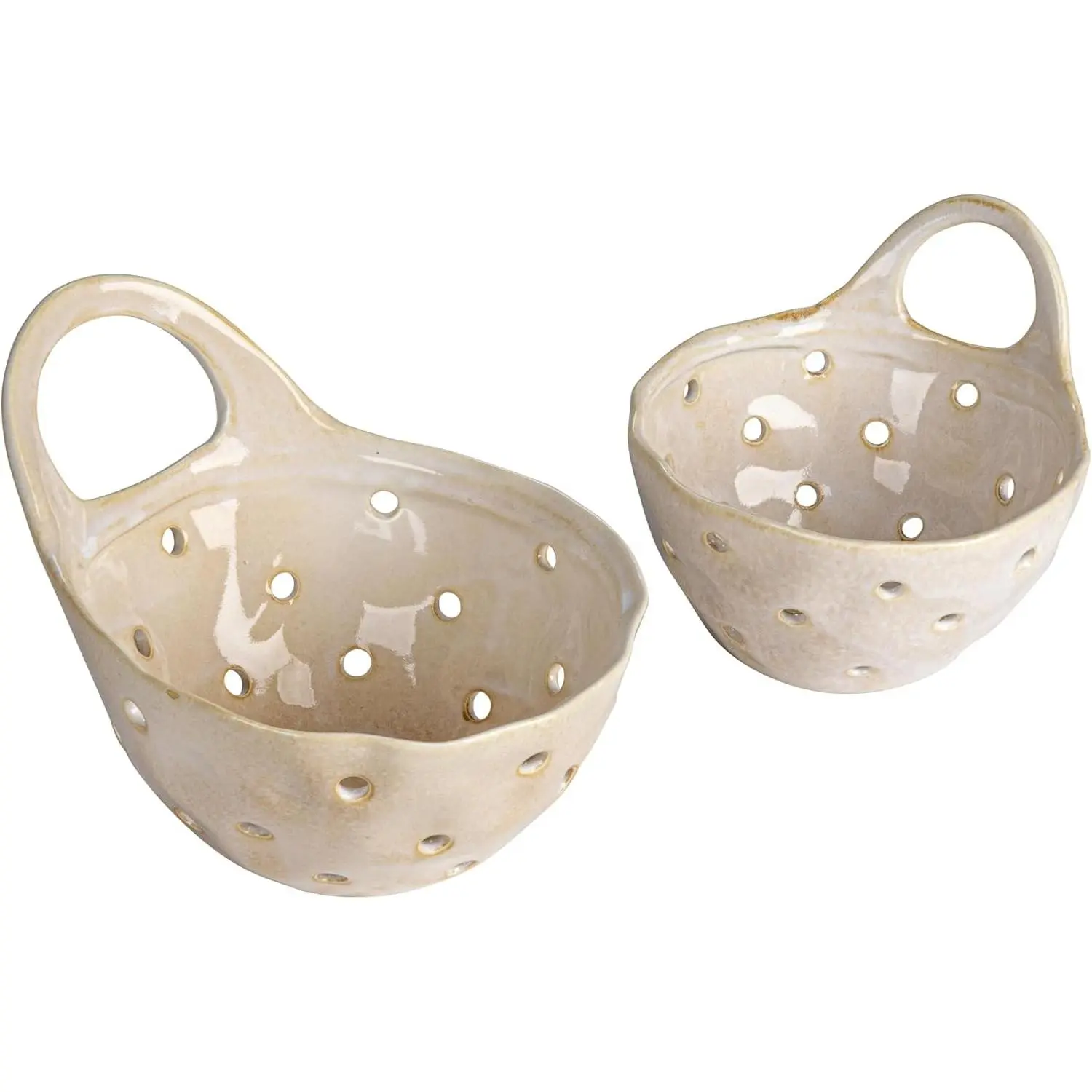 2‑Piece Stoneware Colanders with Handles, Reactive Cream Glaze