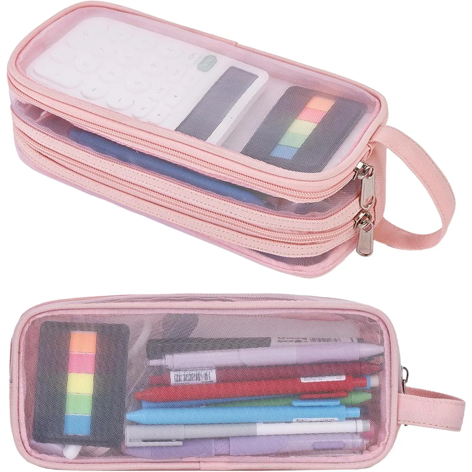 Large Grid Mesh Pencil Case, 2 Compartment Pen Pouch with Zipper, Clear Handheld Multifunction Pen Bag for School, Office, Teen Girls Boys, Travel Organizer Transparent Makeup