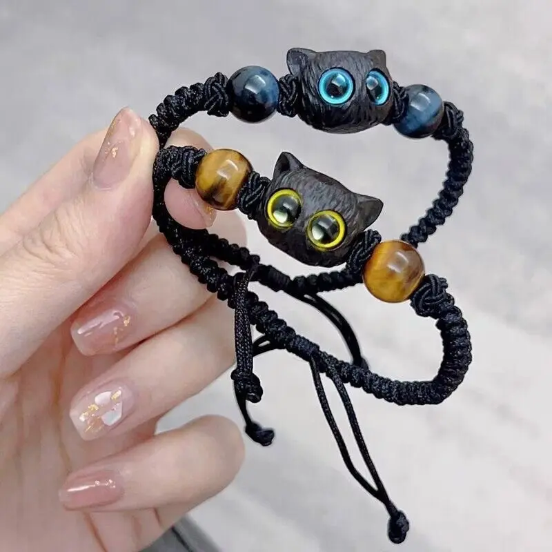Cute and naive black kitten bracelet, ancient-style woven cord with adjustable size design, woven bracelet with bowknot, gift for friends, couples and girlfriends