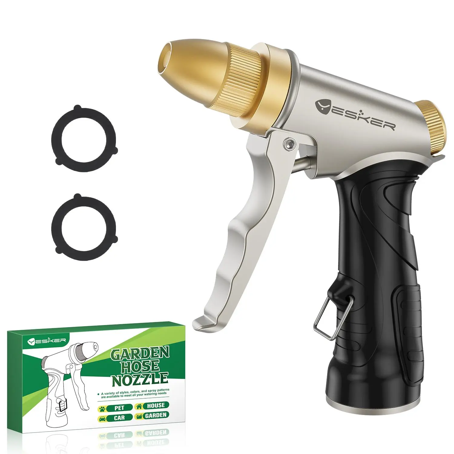 Yesker Garden Hose Nozzle Water Hose Sprayer Nozzle Adjustable 4 Spray Patterns Heavy Duty 100% Metal Brass Water Nozzles with Non-Slip Rubber Grip for Hose Outdoor Watering Plant Lawn Washing Car Pet fathersdaygift