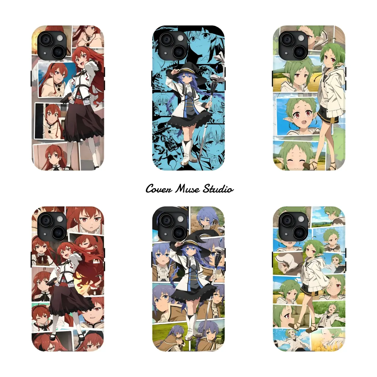Mushoku Tensei Eris Roxy Sylphiette Anime Collage Isekai Waifu Smartphone Case - 2-in-1 Durable Glossy Film Wireless Accessory, Shockproof Protective Handheld Cellphone Casing for iPhone 17/16/15/14/13/12/11 ProMax Plus