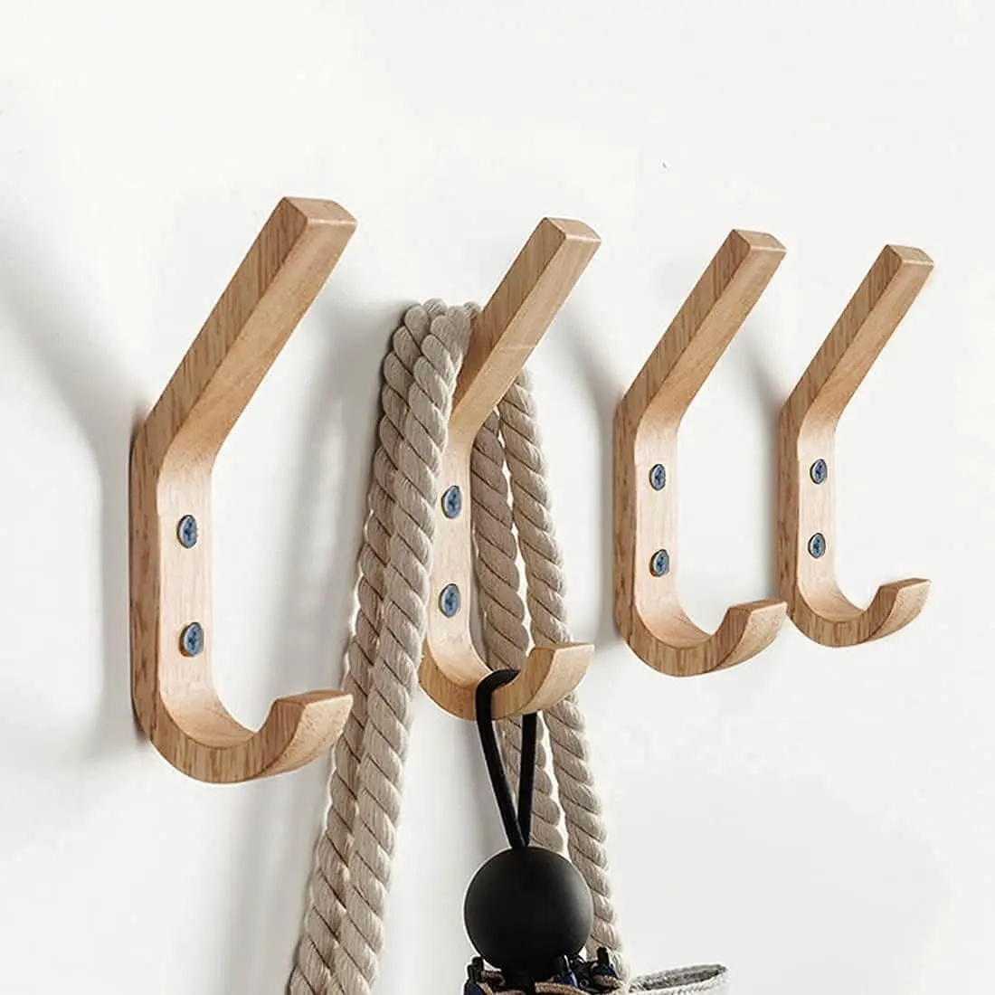 Wooden Coat Hooks Wall Hooks, Oak  Hooks Decorative   Wall Hooks Organizer Heavy Duty Wall Mounted Hooks for  Coats, Key, Cap, Cup (4 Pack)