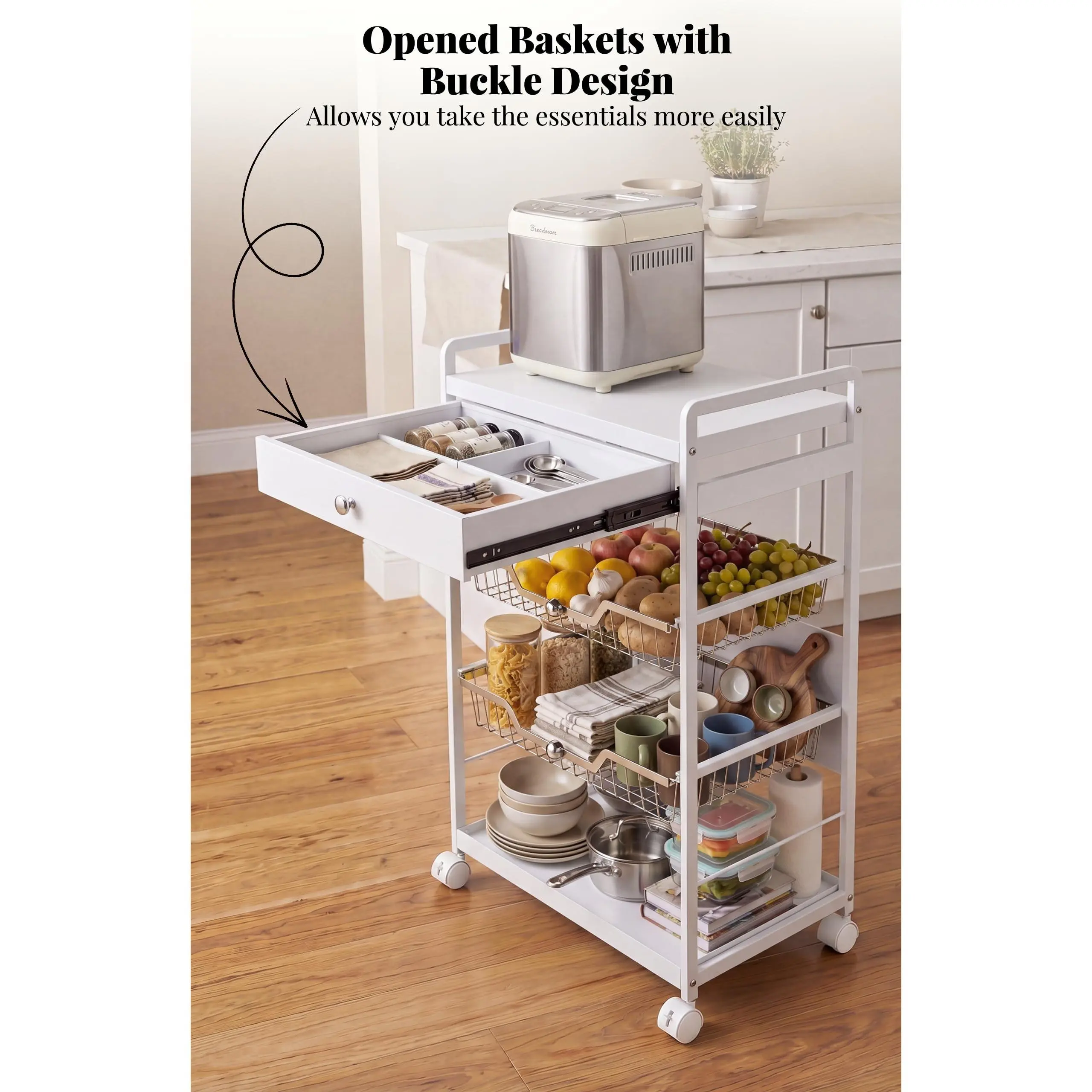 Heavy Duty 4-Tier Metal Storage Cart – Rolling Utility Organizer Shelf – Space-Saving Mobile Kitchen Storage Rack with Wheels – Versatile for Home, Pantry, Garage – Large Capacity – White/Black