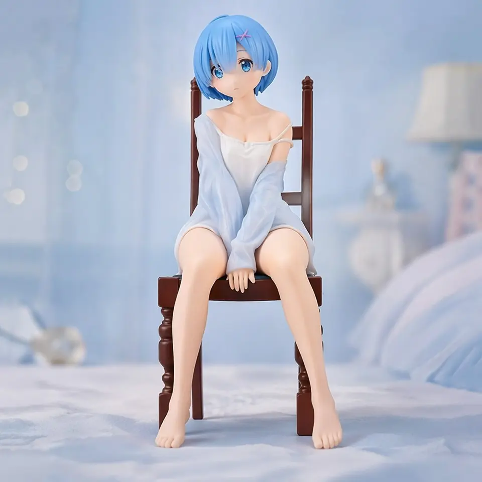 Re: Zero Starting Life Relaxing Time Rem Seat Figure, Figurine, 17cm Height, Blue Hair, Cross Clip, Vintage Wood Chair, Perfect Gift