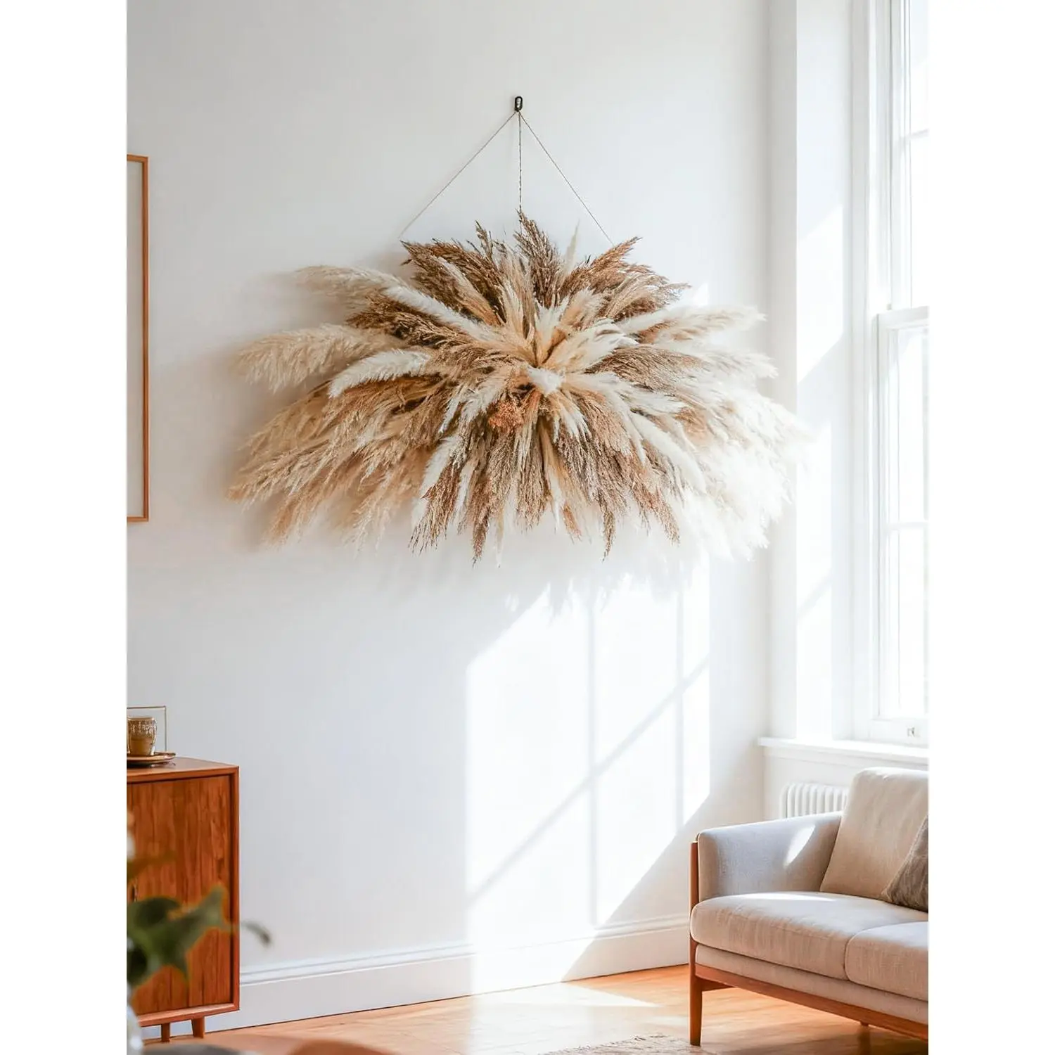 Large Boho Decor Pampas Grass Wall Decor (35~50inch) - Natural Dried Flower All-in-One Kit ,Easy Install, Perfect Decor for Living Room、Wedding Arch、Entryway、Party Decor