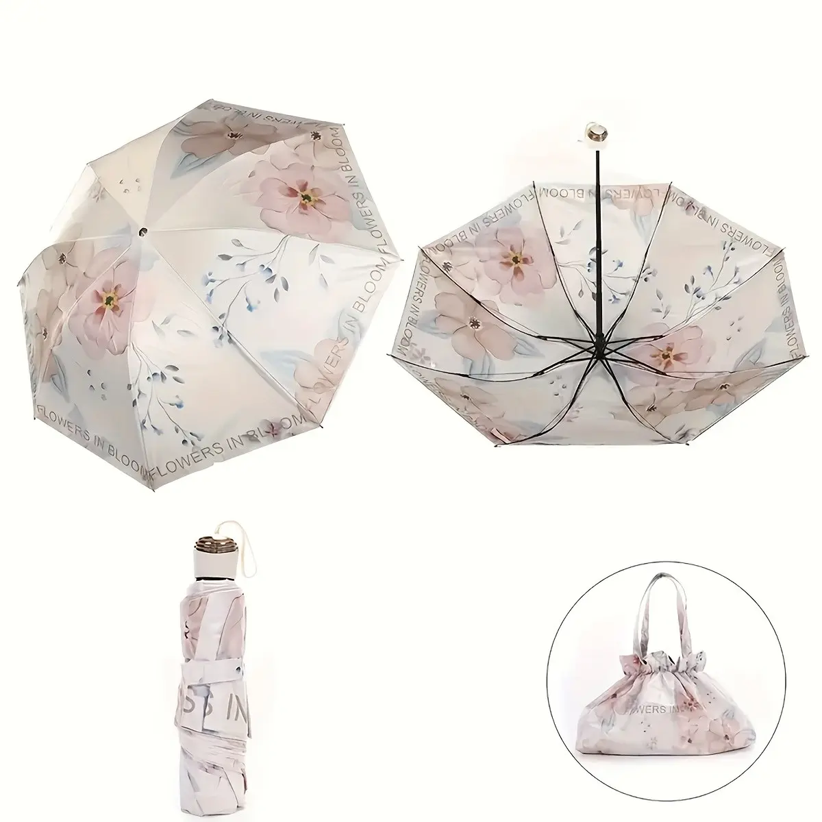 Three-Fold Floral Sun Umbrella, Double-Sided Printing, Reinforced Steel Frame, UV Protection, Compact Folding Design, Durable Vinyl Fabric, Portable Outdoor Umbrella