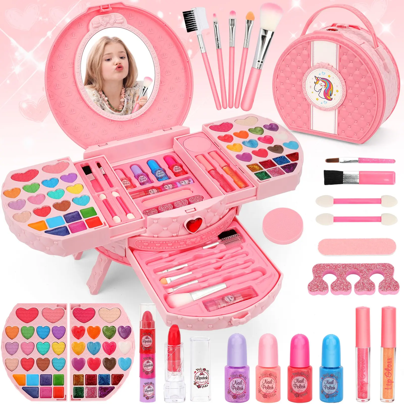 65Pcs Real Kids Makeup Kit Pretend Playset for Girl - kids stuff for girls, toys for girls -  for Girls -Play Make Up Birthday for Age 3 4 5 6 7 8 9 10 11 12 Years Old Kid, kids christmas gifts