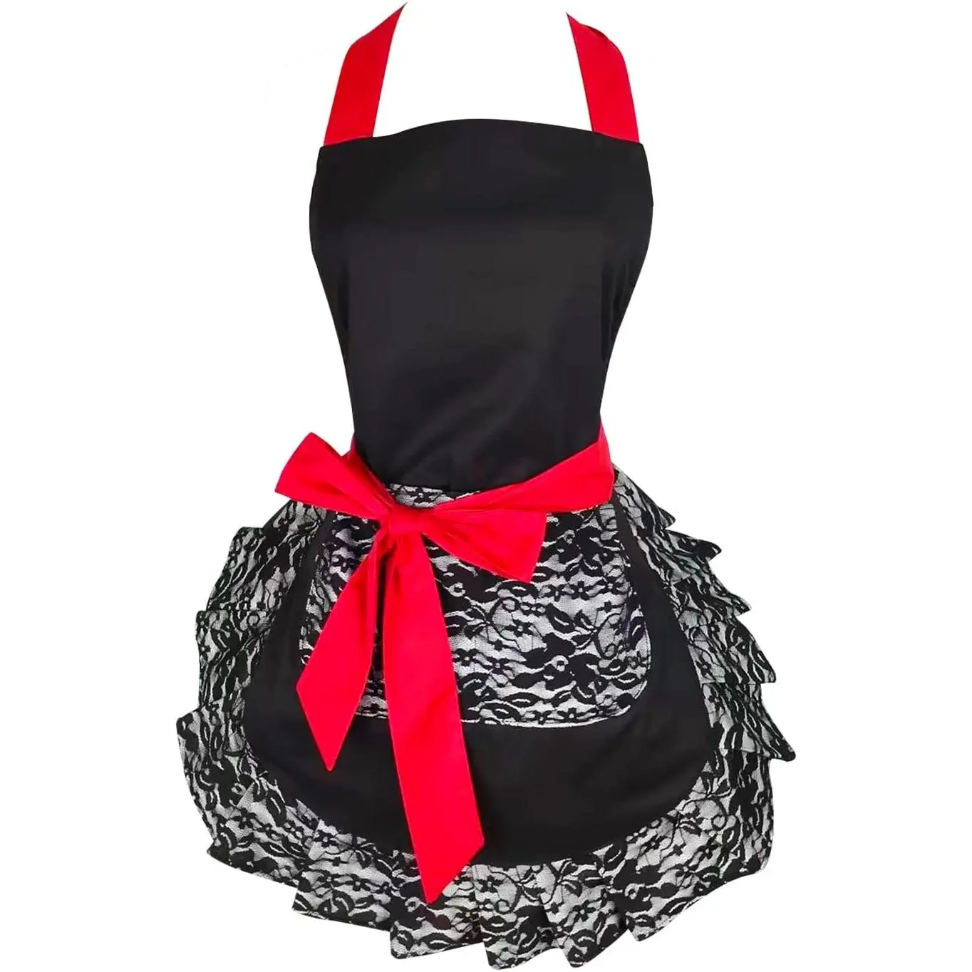 Black Lace Flirty Apron with Pocket, Fun Retro Sexy Cooking Pinup Aprons  Women Girls