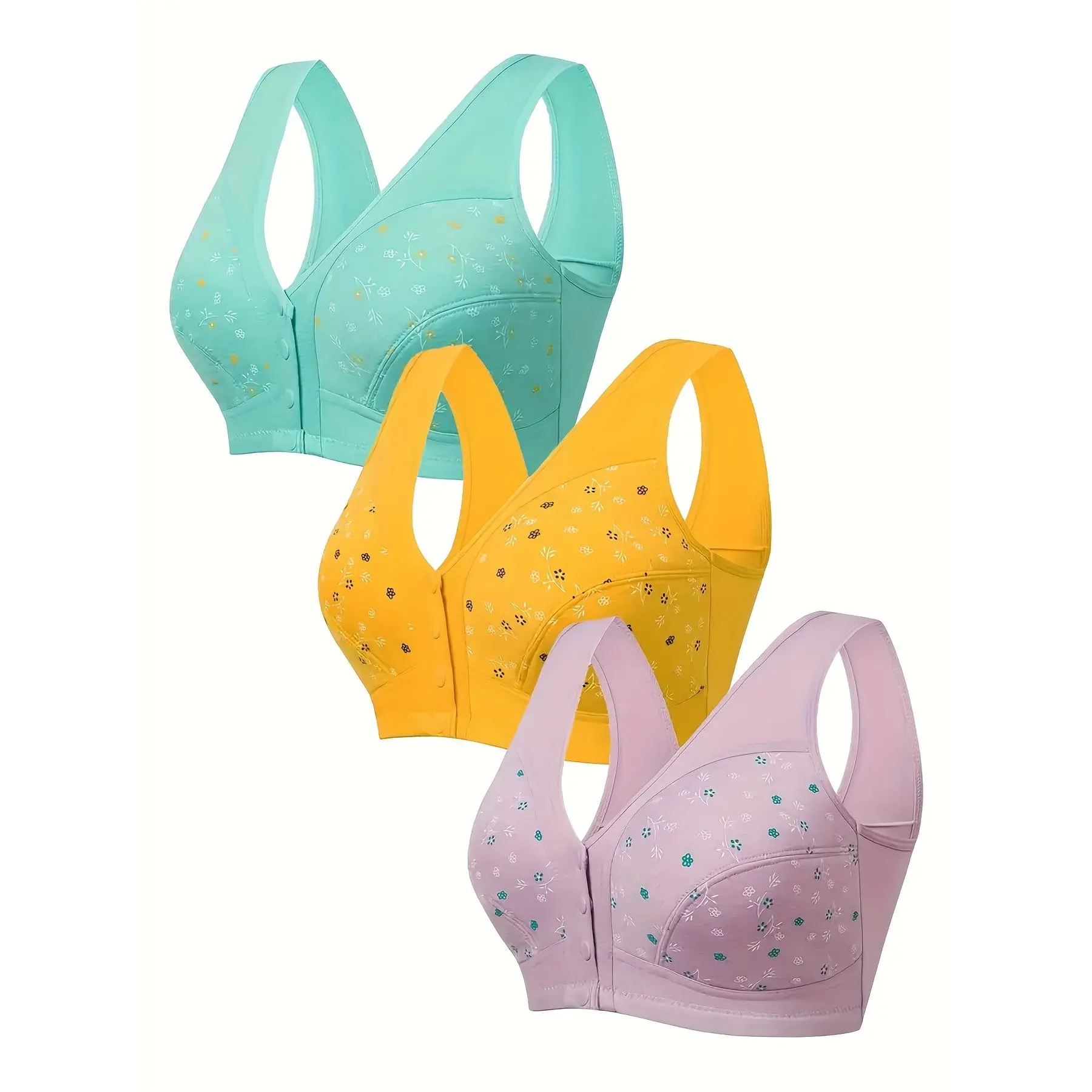 3pcs Plus Size Printed Front-Closure Bra Set, Elegant Full-Cup Wire-Free Soft Padded Skin-Friendly Seamless Women's Lingerie Underwear for Everyday Wear