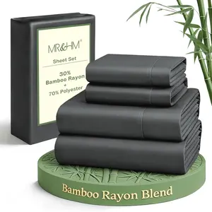 Queen Sheet Set, 4-Piece Cooling Sheets, Rayon Derived from Bamboo & Polyester Blend, Soft & Silky, 15" Deep Pockets with Elastic Straps, Hotel Luxury for Hot Sleepers, Dark Grey