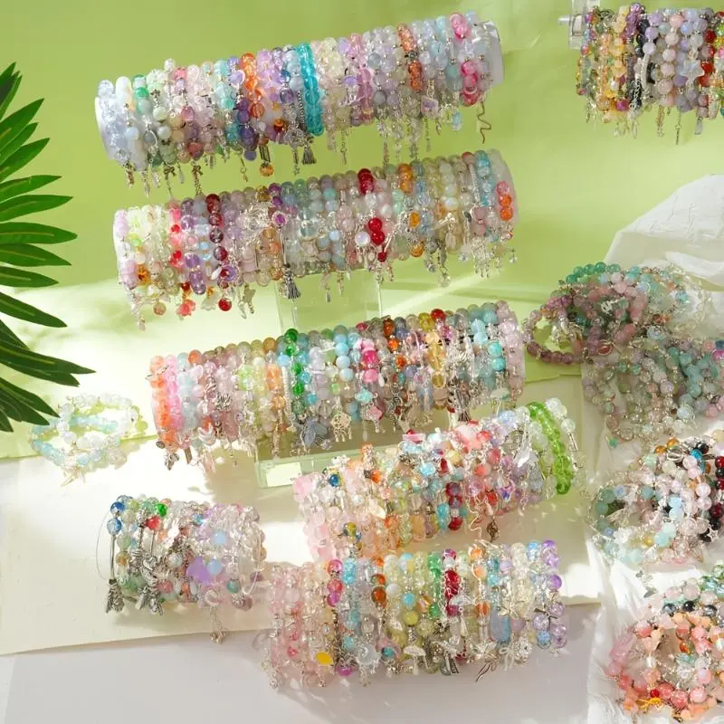 Fashion Glass Elastic Bracelet Set - 17/33Pcs with Mixed Pendants (Butterfly, Stars, Cross, Bow), Flexible Band, Ideal for Casual Wear, Everyday Use, Gift-Giving, 17 Pcs Mixed, 33Pcs Mixed, Wrist Stack, Butterflies Stars, Elastic Fit, Bracelet Stacking, B