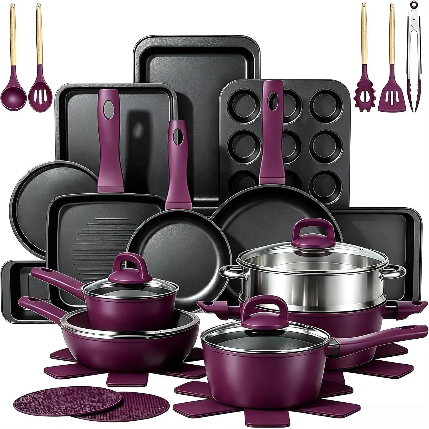 Pots and Pans Set Nonstick,  31- Induction Cookware & Bakeware Set with Frying Pans, Saucepans, Casserole, Steamer, Baking Set & Utensils, -Free Kitchen Starter Set ()