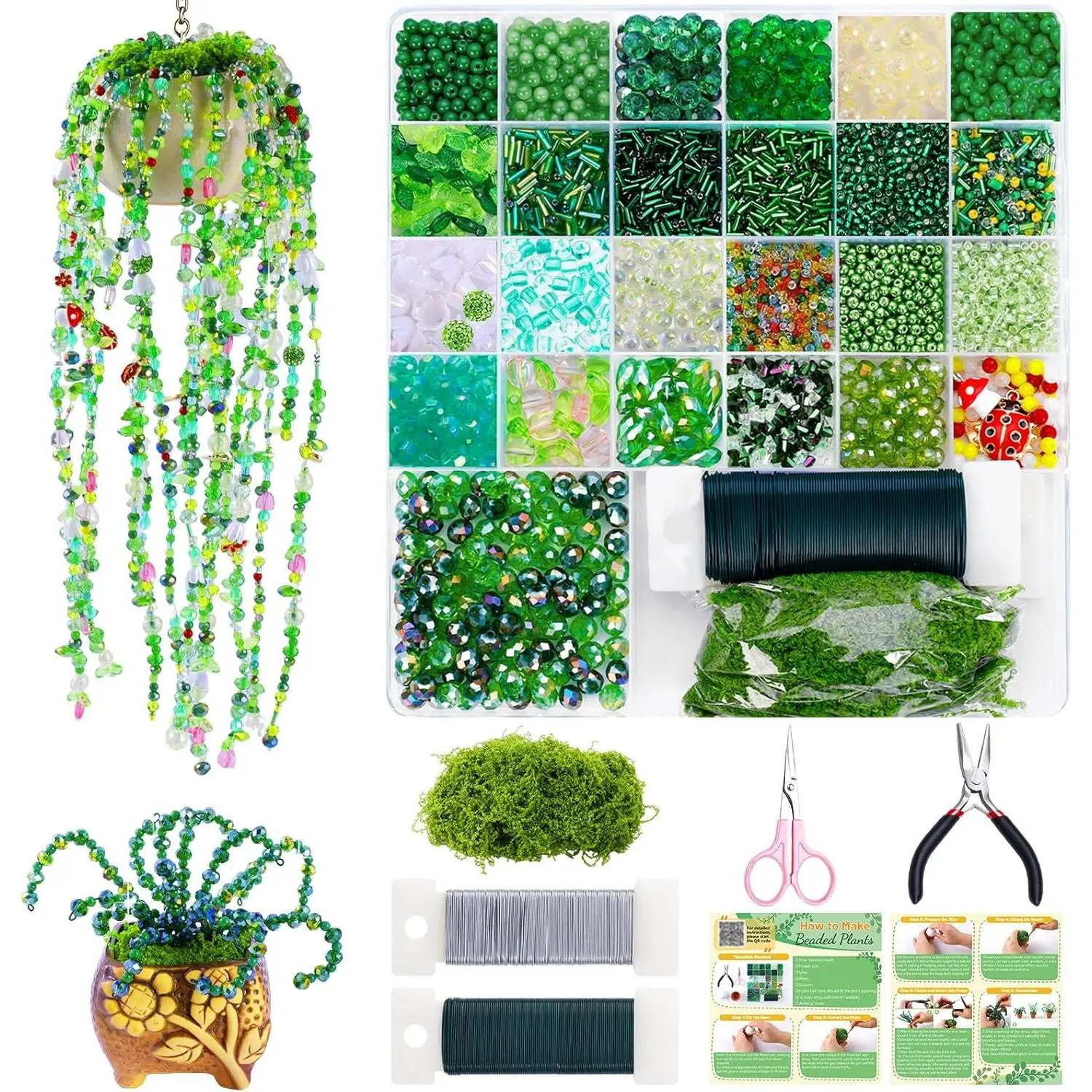 5422 Pcs Beaded Plant Kit with Glass Green Beads, Video Tutorials & Manual - Crystal Leaf Beads for Jewelry Making DIY Craft, Suncatcher/Fridge MagnetGift