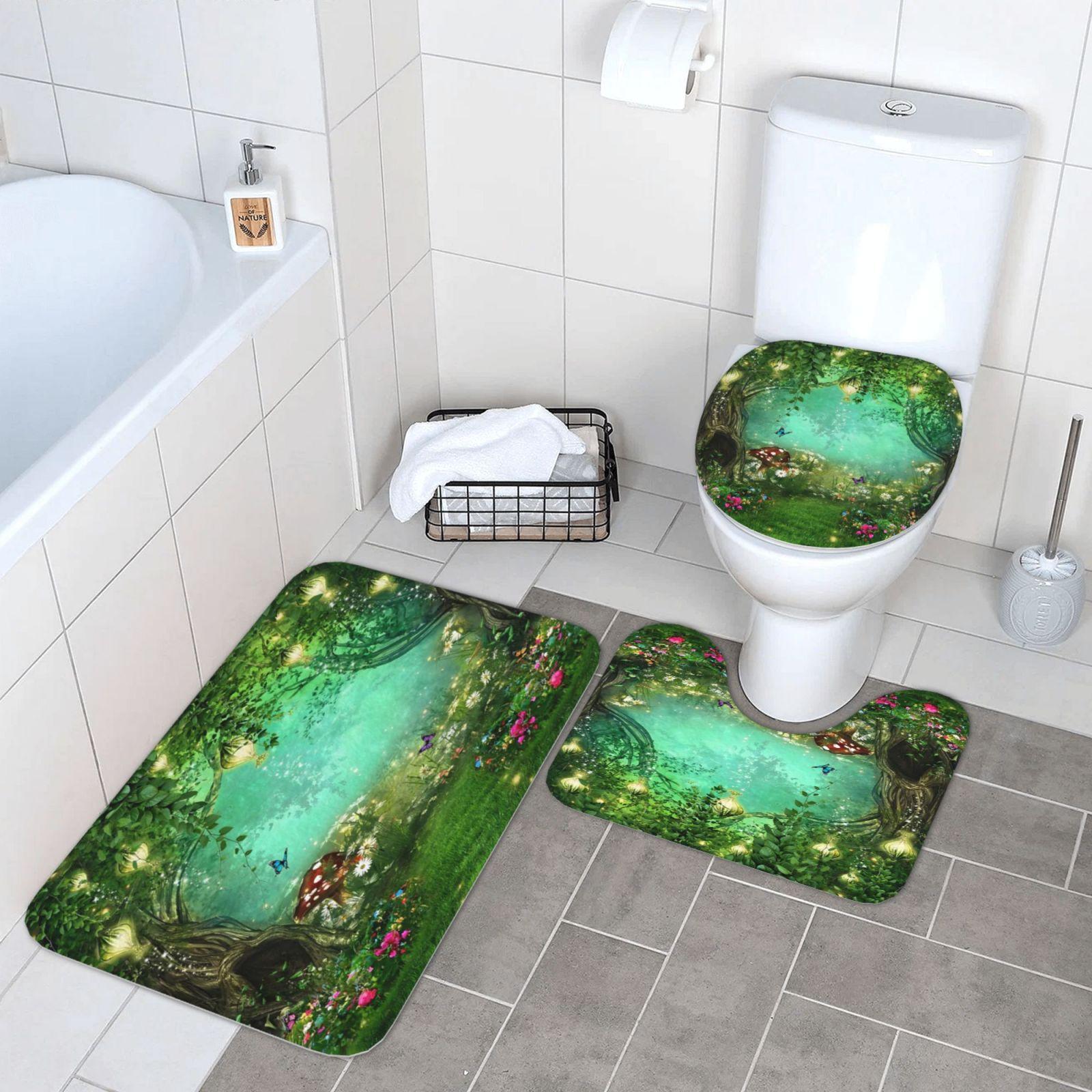 Forest Flowers Tree Pattern Shower Curtain Set, 1 Count Shower Curtain/4 Counts Shower Curtain & Toilet Mat & Bath Mat & Toilet Lid Cover Set, Bathroom Shower Equipment, Bathroom Decor Supplies for Home Dormitory Hotel Salon