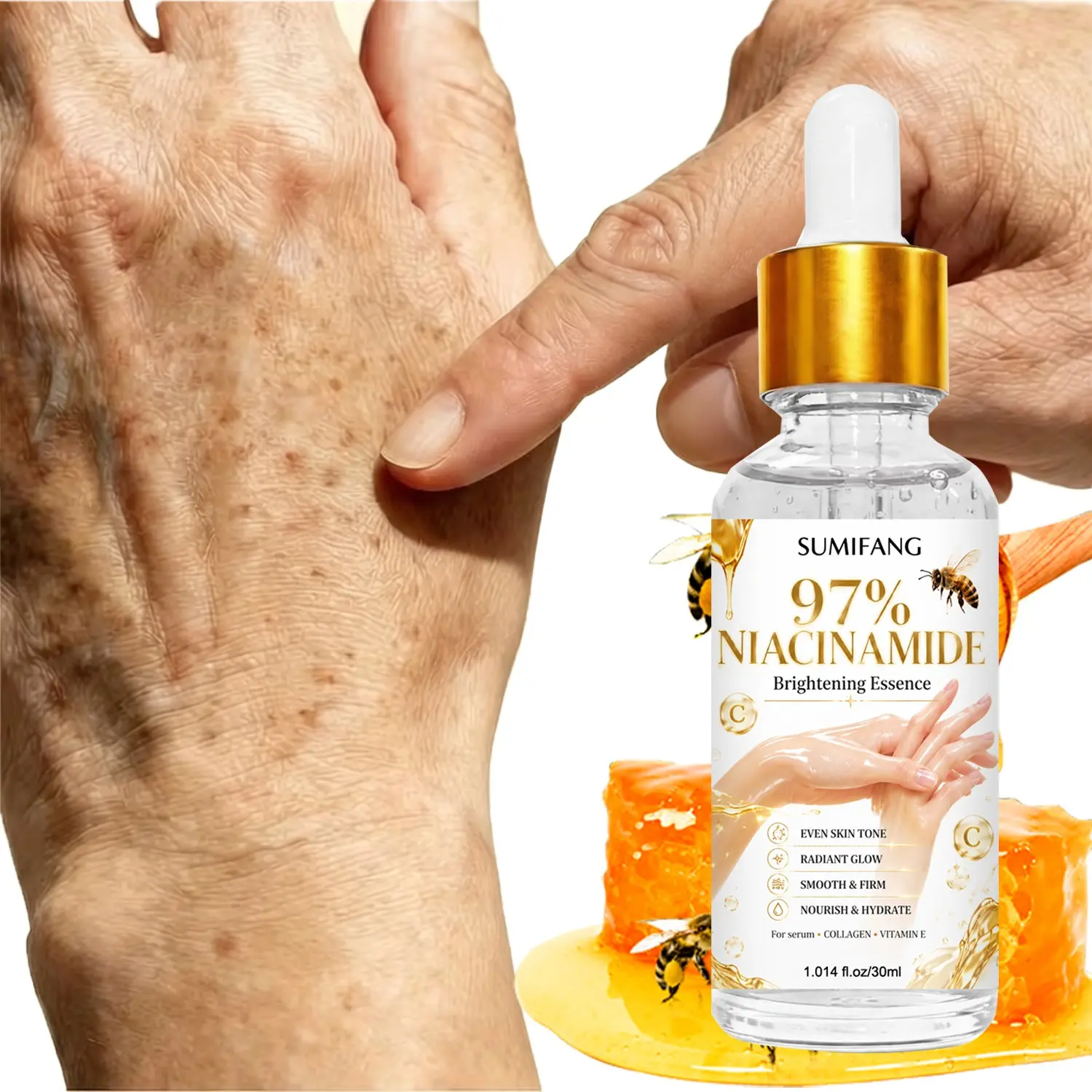 SUMIFANG Brightening Hand Serum 30ml – Niacinamide + Hyaluronic Acid + Retinol – Nourishes and moisturizes, repairs the skin barrier, brightens dullness, evens skin tone, leaves skin radiant and smooth, and firms; fades dark spots and pigmentation.