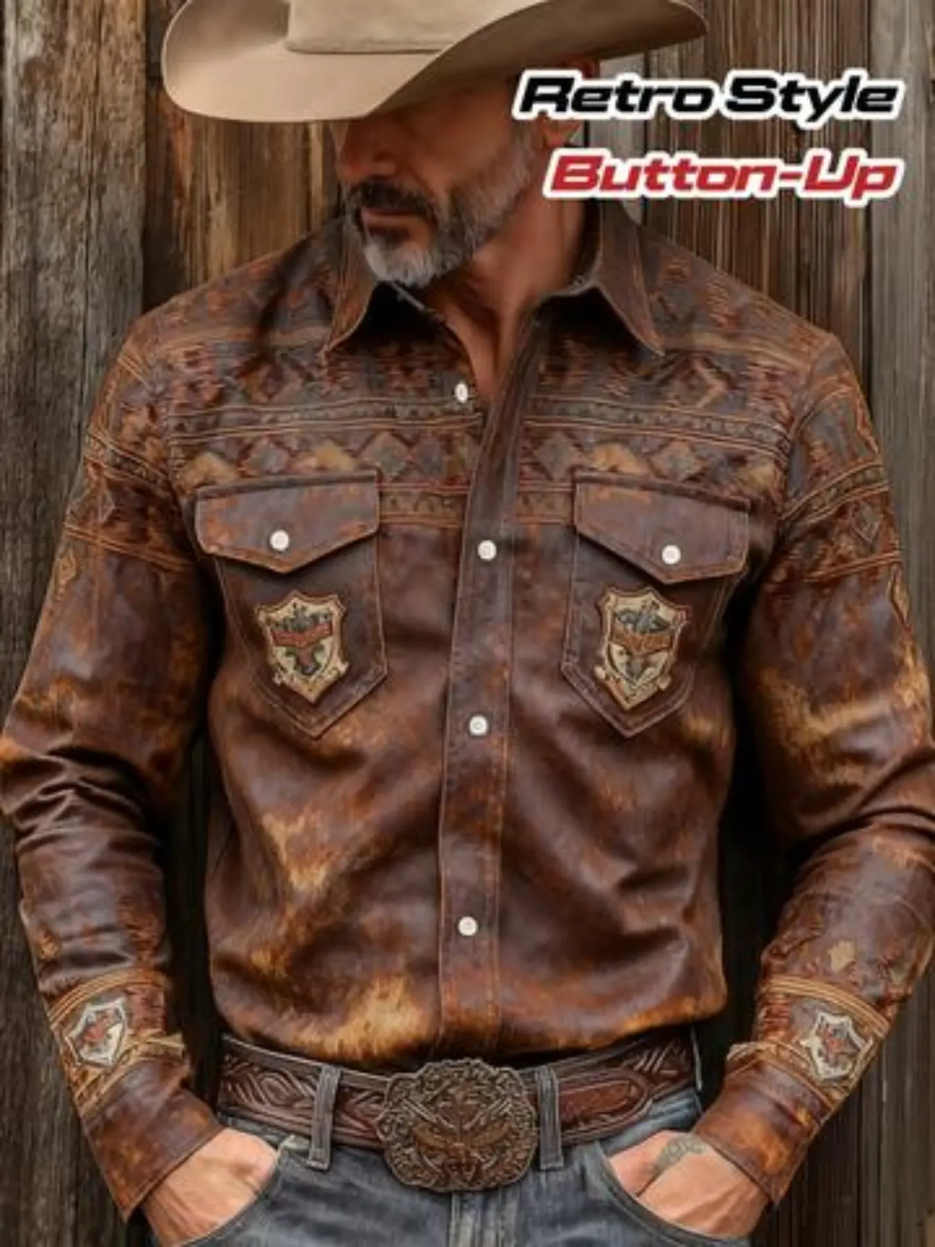 Men's Western Retro Style 3D Digital Print Casual Shirt, Long Sleeve Loose-Fit Top, Perfect for Daily Wear, Travel, Festive