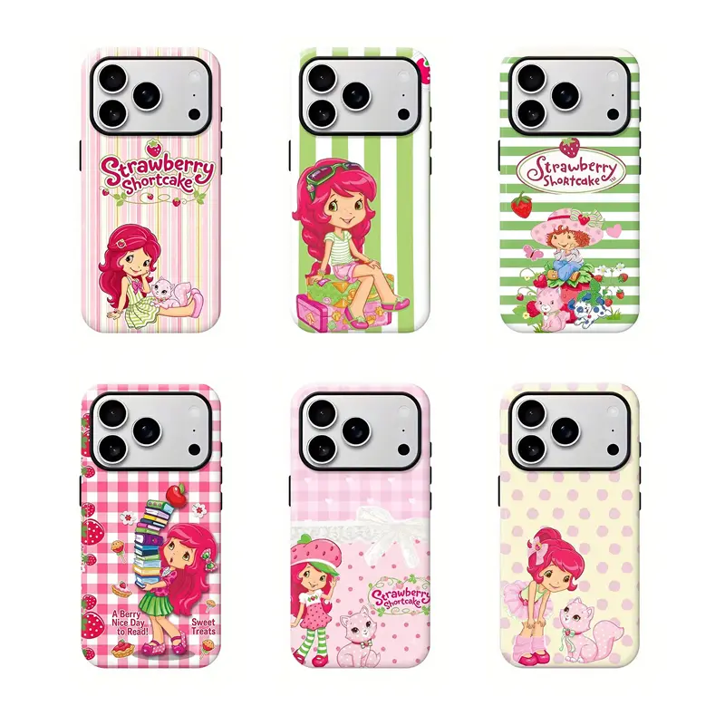 Strawberry Shortccccake Cute Cartoon Phone Case,Pink Gingham Polka Dot Bow Cat Sweet Girl Print Shockproof Soft Cover  for iPhone 17 16 15 14 13 12 11 for Samsung Series,Dual-Layer design durable phone Cover,trending casing for iphone 17 pro max